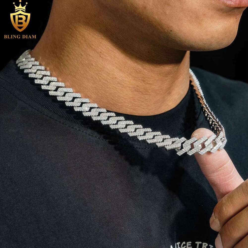 13.5mm Hip Hop Jewelry Miami Cuban k Chain Sterg Sier for Men 2 Row Iced Out Moissanite Necklace