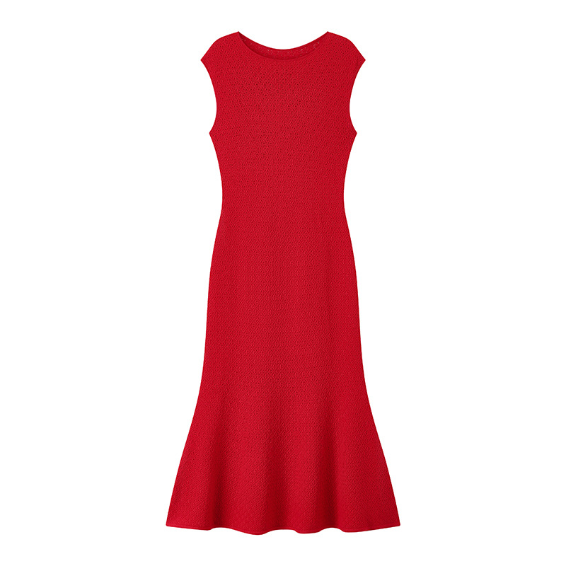 L47175 Spring and summer French elegant lady black round neck sleeveless high-end knitted mid-length fishtail dress