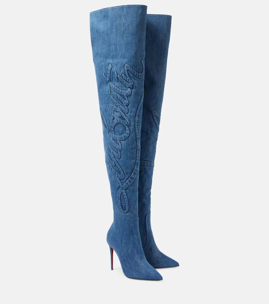 European women's high-heeled pointed shoes, denim embroidered knee high zipper boots, nightclubs dates - stylish and minimalist design