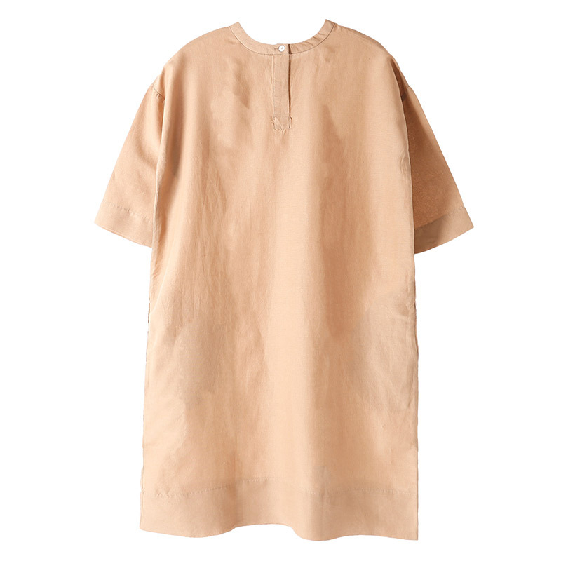 F170 dress women's spring and summer literary split cotton and linen skirt loose medium and long round neck pullover short sleeve skirt trend