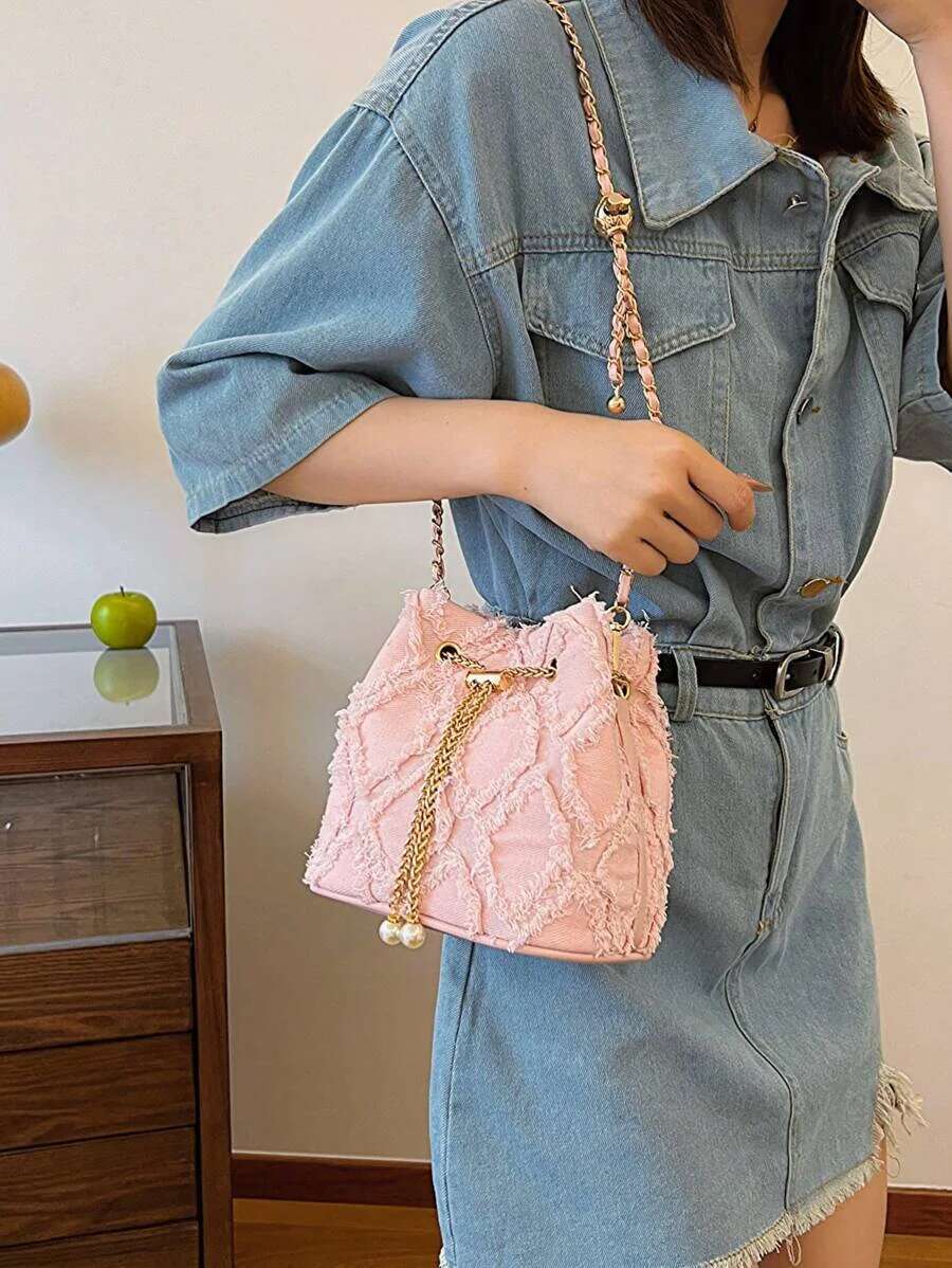 Fashion Solid Color Plaid Vintage Denim Crossbody Bag Pull Rope Open And Close, Suitable For Women's Daily Travel-Ll