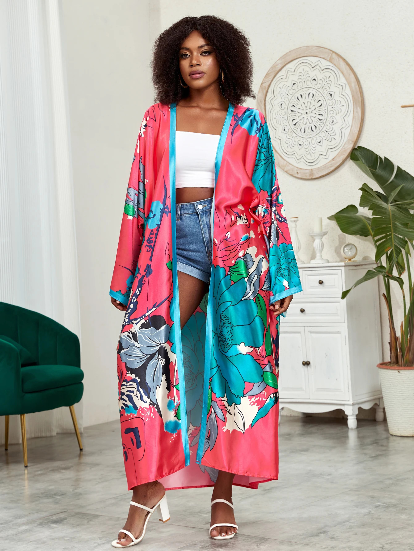 Plus Bohemian kimono womens plus lotus print contrast binding long sleeved open front waistband kimono overlay 250305Z