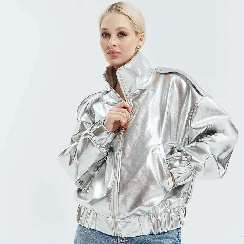 hoodie Fashion Shiny Gold Sier PU Jacket Women Lapel Zipper Pockets Loose Metallic Leather Jackets Hiphop Punk Lady Outcoats jacket