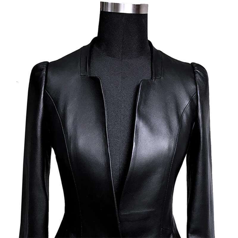 Lautaro Autumn Black Slim Soft Pu Leather Jacket Women Deep V Neck Long Puff Sleeve Elegant Skirted Blazer Fashion 2021