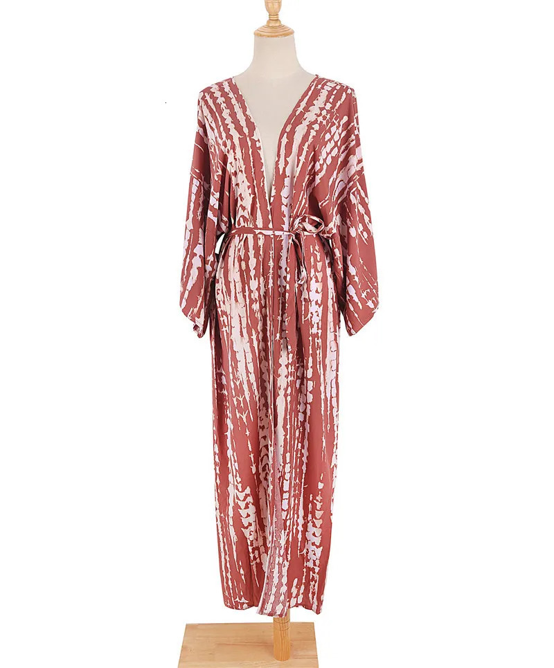 Womens Beach Cover Ups Open Front Tie Dye Maxi Cardigan Kimono Swimsuit with Belts 250305Z