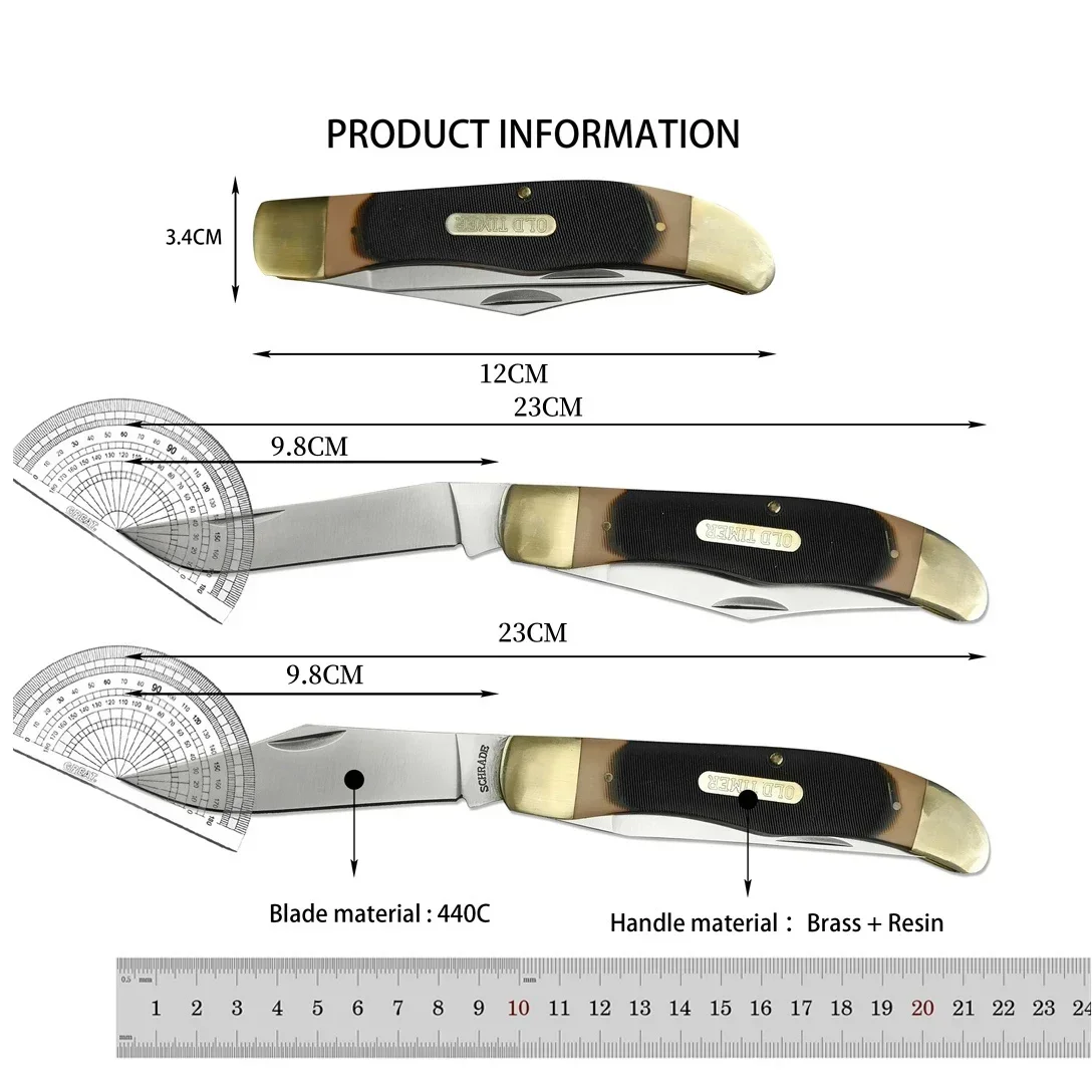 Schrade 25OT Pocket Folding Knife with Double 7Cr13Mov Blade Brass + Acrylic Handle Cowhide Sheath Outdoor Hunting Survival Camping Knives 3300 535 15
