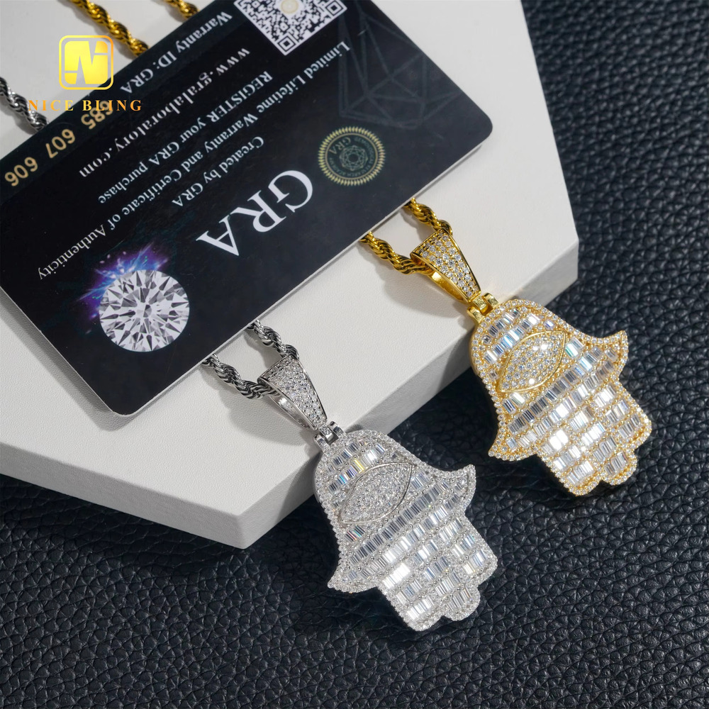18K Gold Plated Hand Pendants Fashion Hip Hop Moissanite Jewelry Baguette Diamond Hamsa Hand Pendants Charms for Men Women
