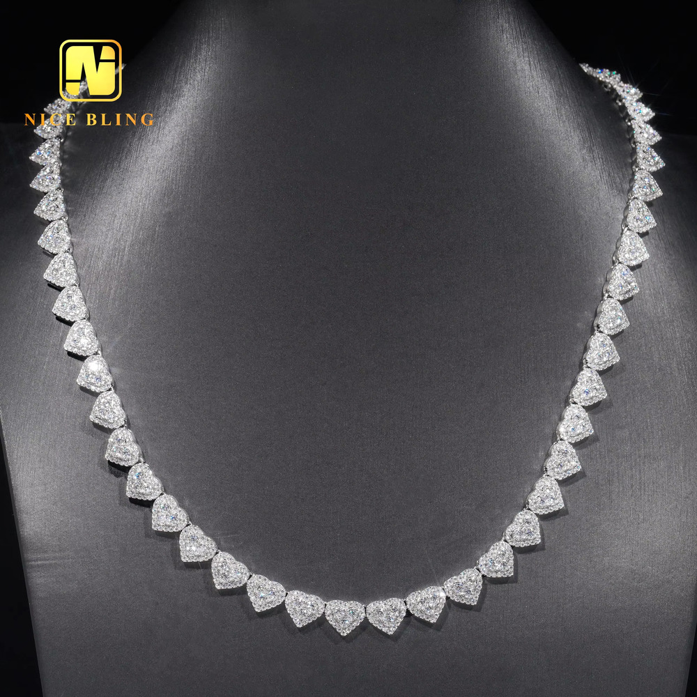 Moissanite Cluster Tennis Chain 925 Silver Fashion Hiphop Necklace 8mm Heart Shape Lab Diamond Tennis Necklaces for Men Women