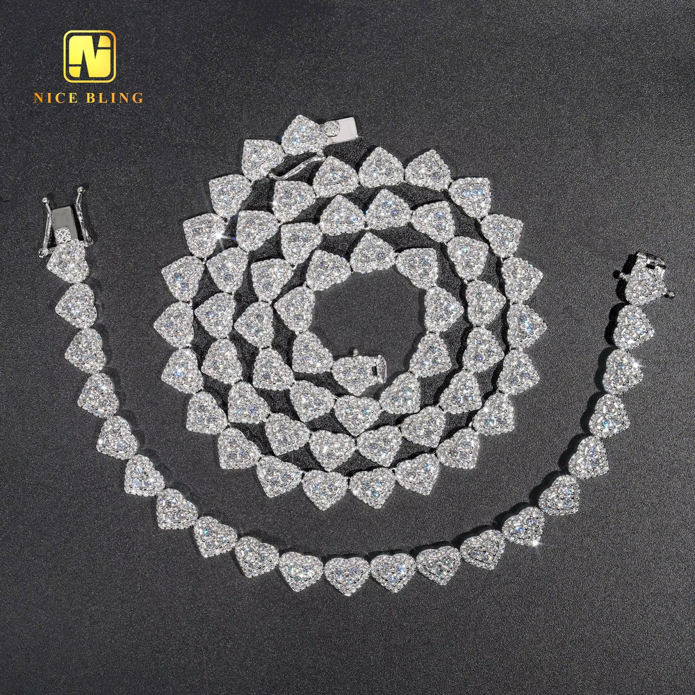 Moissanite Cluster Tennis Chain 925 Silver Fashion Hiphop Necklace 8mm Heart Shape Lab Diamond Tennis Necklaces for Men Women