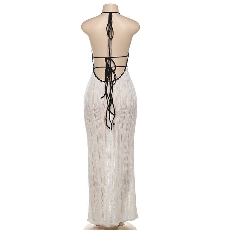 Sexy Dresses: Sleeveless Knit Sling Dress for Elegant Beachwear, V-Neck Openwork Beach Resort Dresses C260312