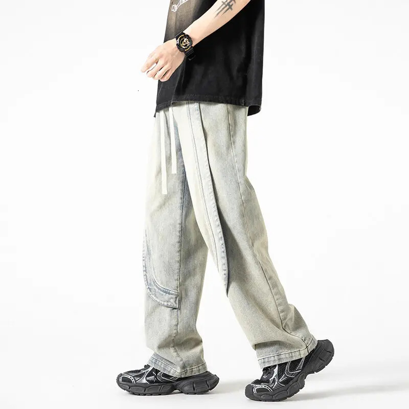 Hip Hop Trendy Mens Jeans Loose Fit Jeans American Street Fashion Straight Jeans Y2K Trousers 250306
