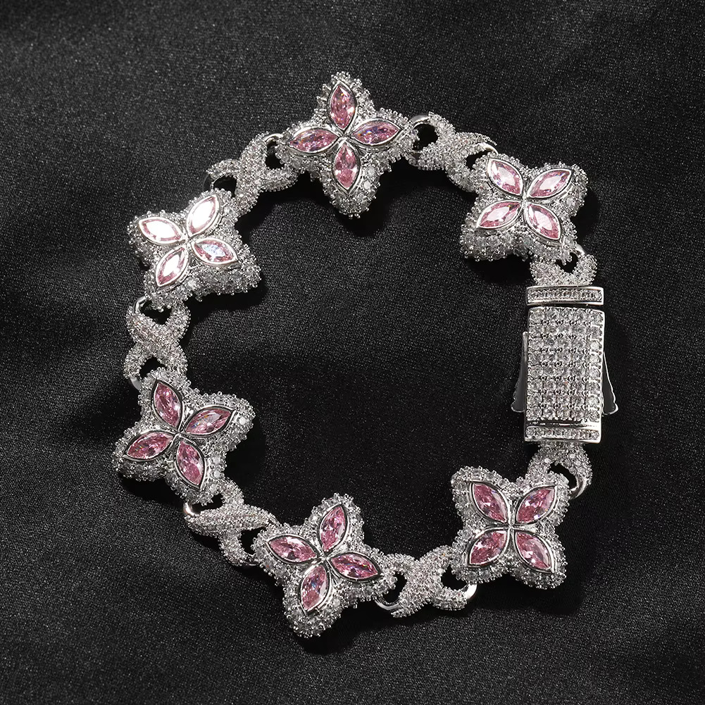UWIN New Arrival Hip Hop Pink CZ Clover Bracelet CZ Iced Out Flower Diamond with Infinite Chain Bracelet for Men Women