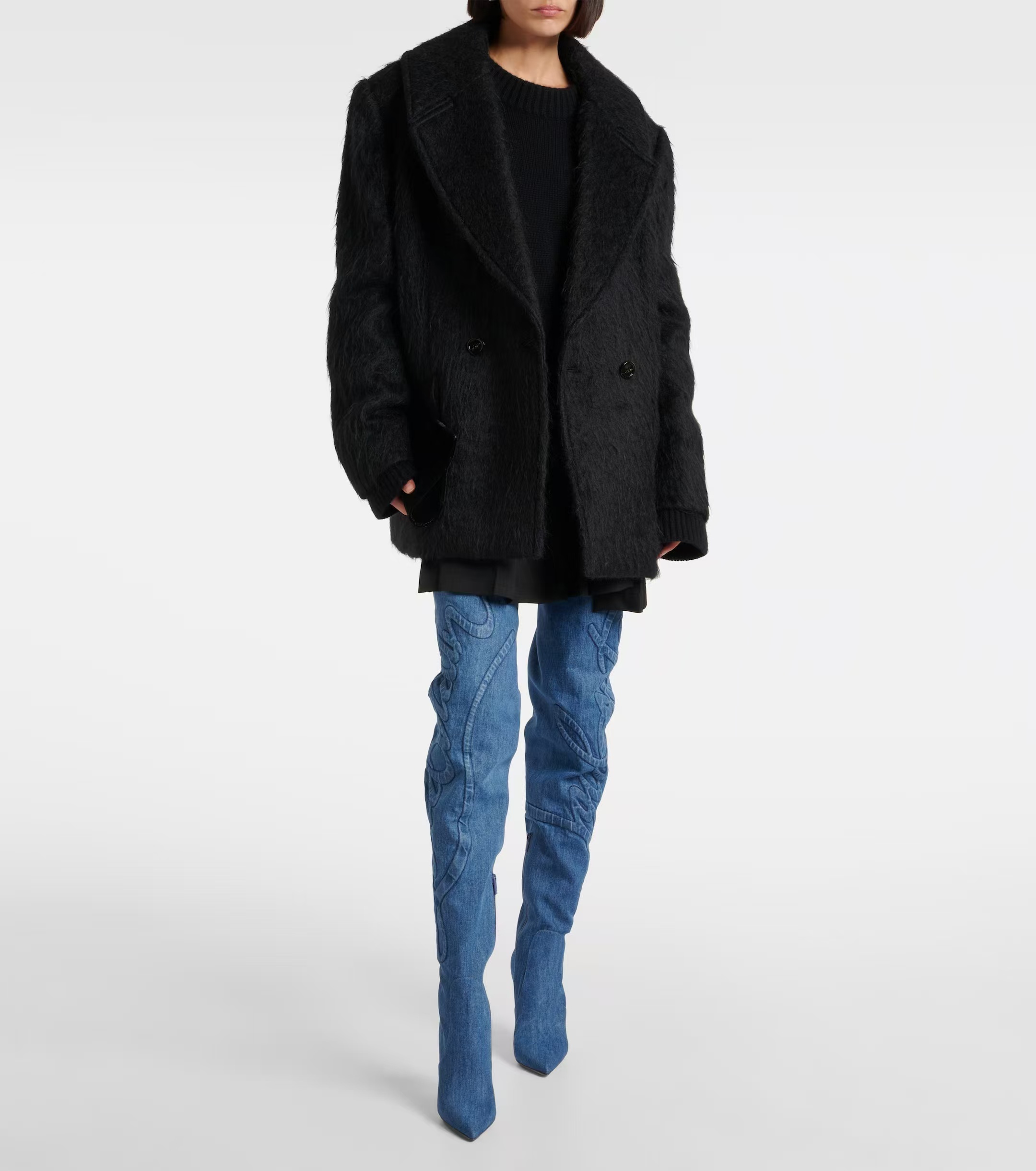 European women's high-heeled pointed shoes, denim embroidered knee high zipper boots, nightclubs dates - stylish and minimalist design