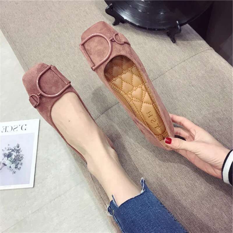 Women's Spring 2025 New Suede Leather Square Toe Shallow Cut Flat Bottom Lefu Soft Bean Shoes Fashion Designer Sandals Single Shoes
