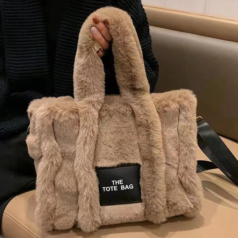 Women's large capacity plush black tote bag plush crossbody bag shoulder bag