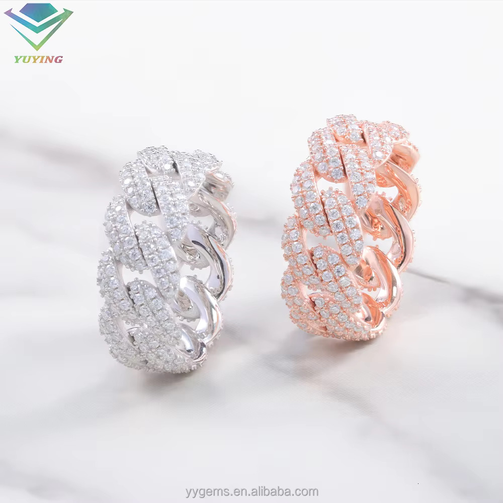 In Stock Iced Out Moissanite Ring Fashion Jewelry 925 Silver White Gold Plated Hip Hop Moissanite Diamond Cuban Ring for Men