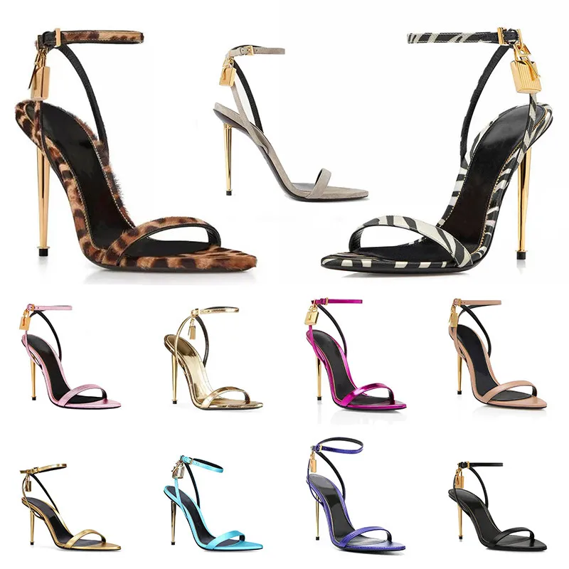 heel sandal pointy toe padlock Lock 105mm gold heels Bicolor Ankle-Strap Sandals naked leather pop heel sandals