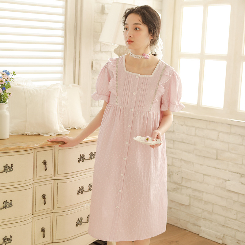 B760-Spring and summer women's cotton one-piece nightgown short-sleeved ruffled double-layer cotton yarn girls' home clothes breathable paja