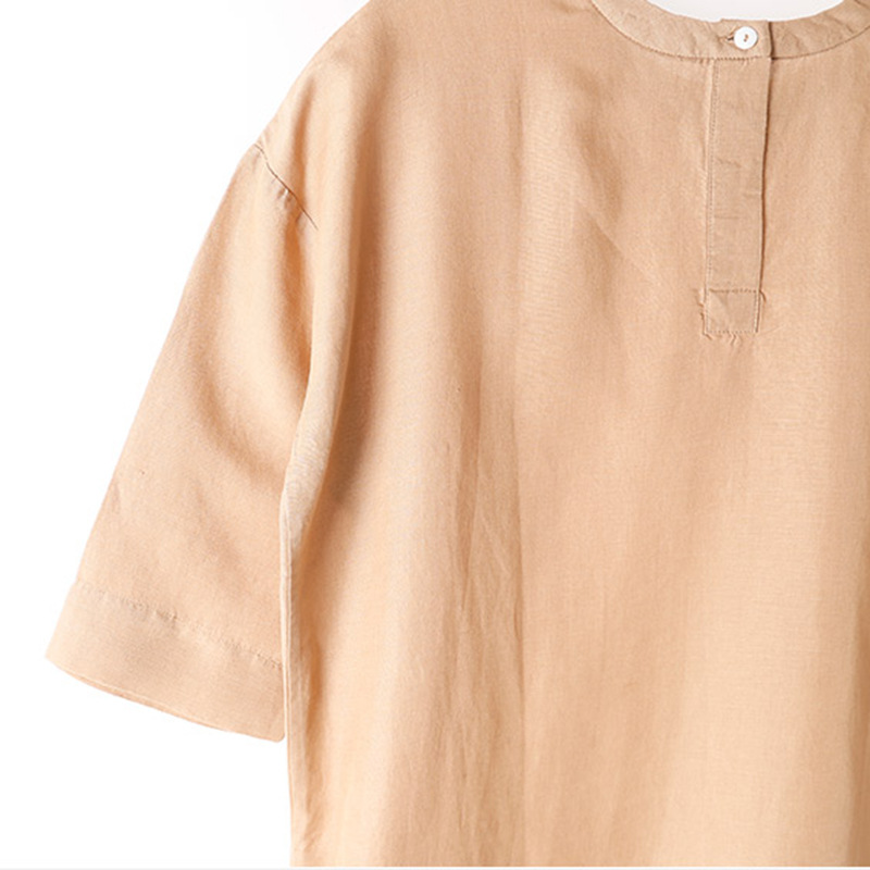 F170 dress women's spring and summer literary split cotton and linen skirt loose medium and long round neck pullover short sleeve skirt trend