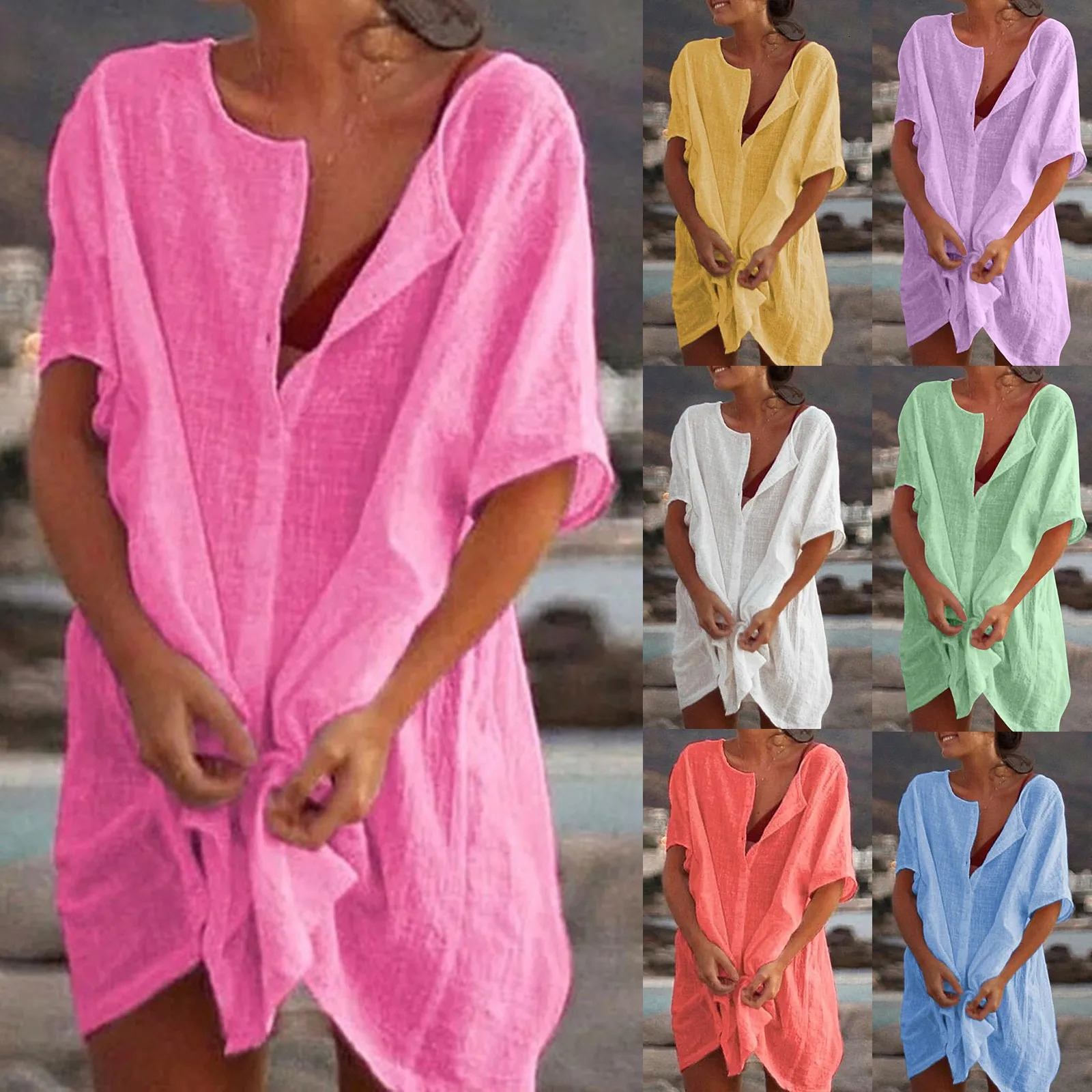 Cotton Linen Breathable And Comfortable Mid Length Oversized Button Down Half Sleeve Oneck Cardigan Casual Beach Sunscreen Top 250305Z