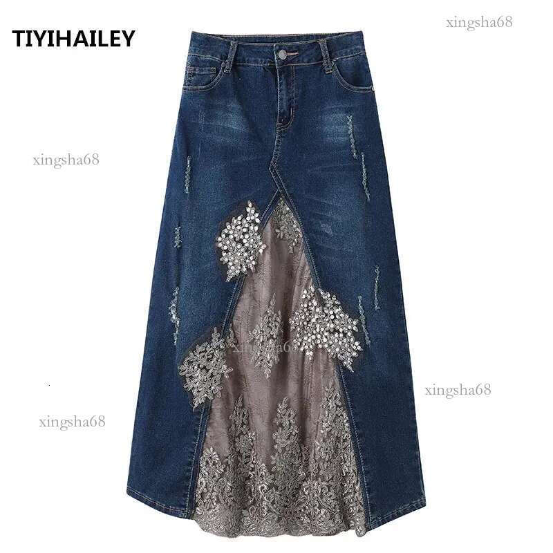 TIYIHAILEY Fashion Long Maxi Denim And Lace Patchwork Jeans Skirt Women Plus Size S-2Xl Summer Beaded Skirts 24