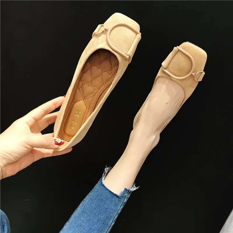 Women's Spring 2025 New Suede Leather Square Toe Shallow Cut Flat Bottom Lefu Soft Bean Shoes Fashion Designer Sandals Single Shoes