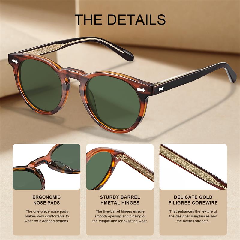 CARFIA Retro Acetate Polarized Sunglasses for Men UV Protection, Vintage Round Frame Eyewear with Gold Filigree