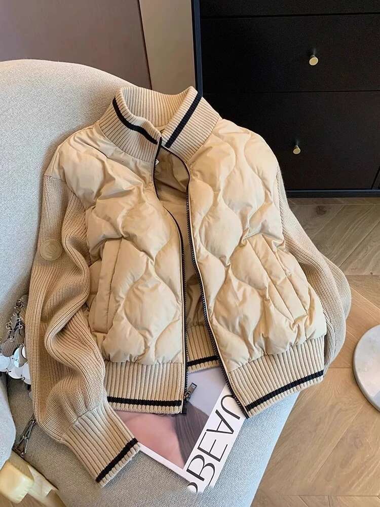 Fashionable Contrasting Color Design Stand Collar Cotton Jacket For Women Autumn Winter Lightweight Khaki Loose Cardigan Coat