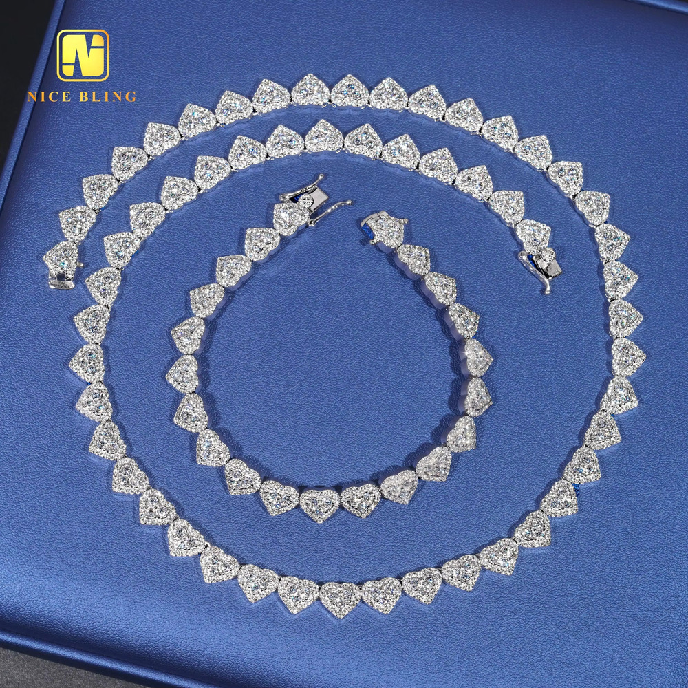 Moissanite Cluster Tennis Chain 925 Silver Fashion Hiphop Necklace 8mm Heart Shape Lab Diamond Tennis Necklaces for Men Women