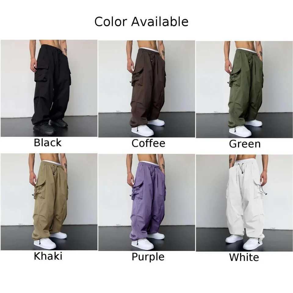 New Mens Summer Vintage Y2k Hip Hop Cargo Parachute Pants Streetwear Wide Leg Sweatpants Quick Drying High Waisted Mens PantsT250308