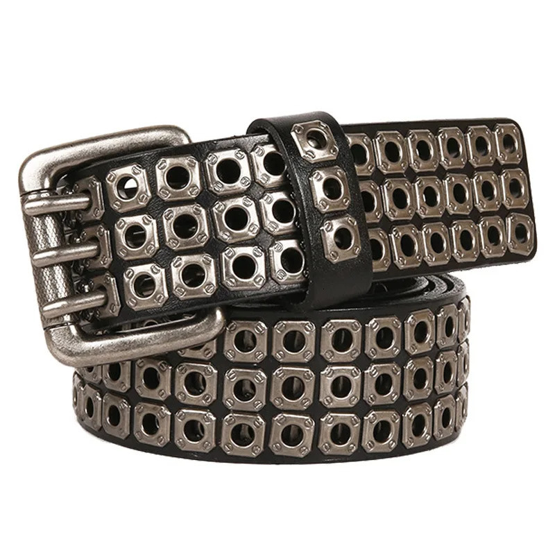 Metal Rivet Cowboy Belt Genuine Leather Cowskin Men Belt Punk Rivet Jeans Belts For Men Ceinture Homme Cinturones Hombre 250318
