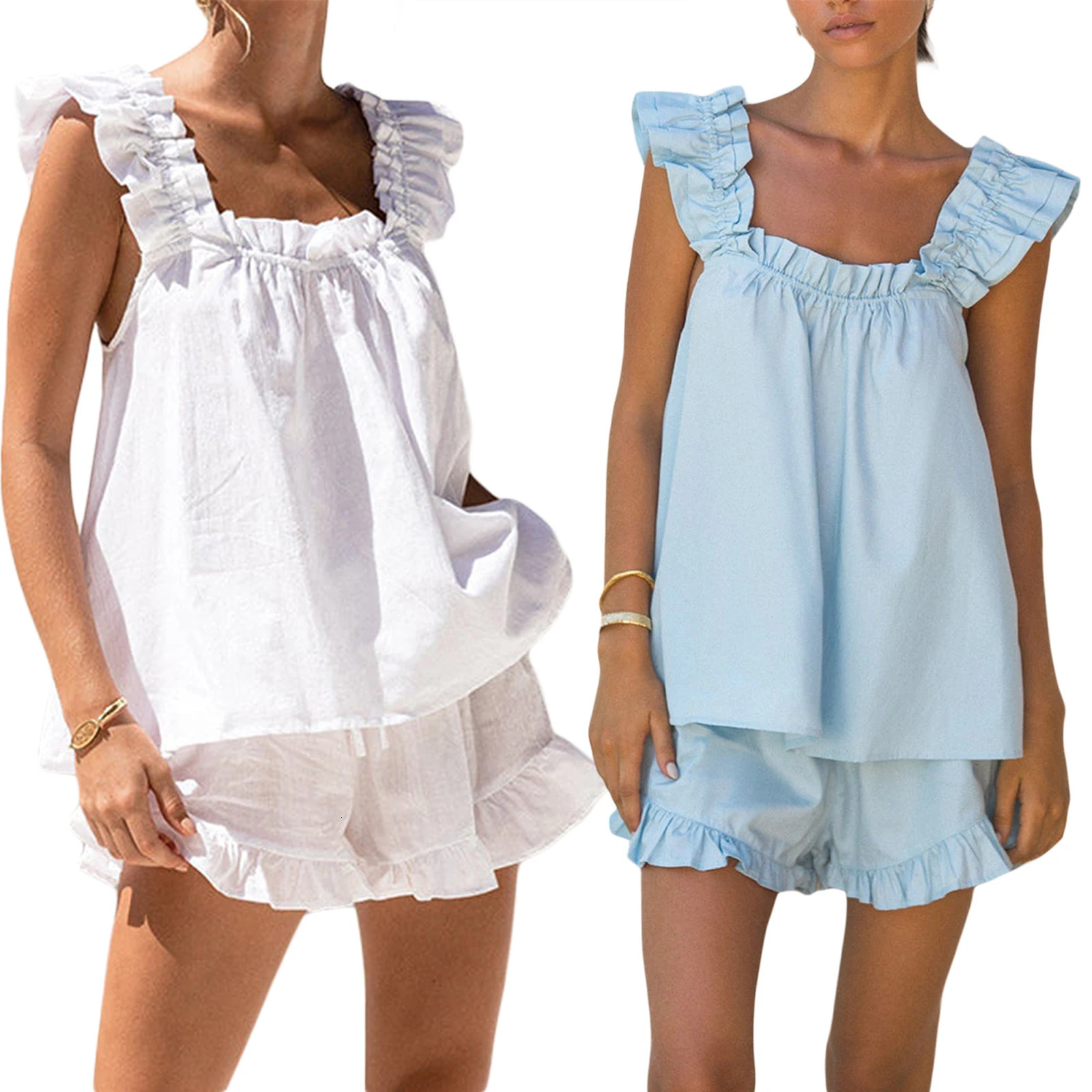 Womens Pajama Sets Summer 2PCS Sleeveless Backless Sling Vest Solid Color Ruffle Shorts 250305