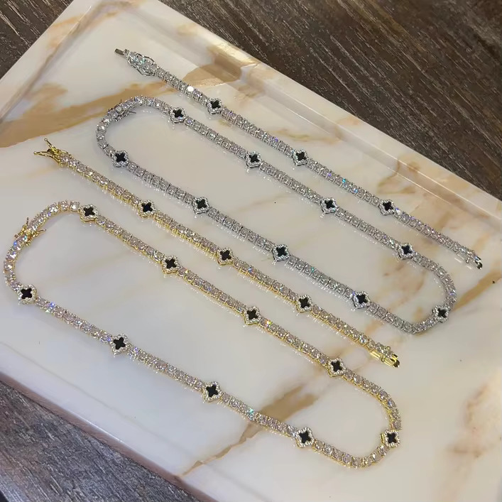 Womens Gold Plated Bling Tennis Bracelet Chain Moissanite VVS Dia Jewelry Set Hip Hop Iced Out Black Clover Necklace
