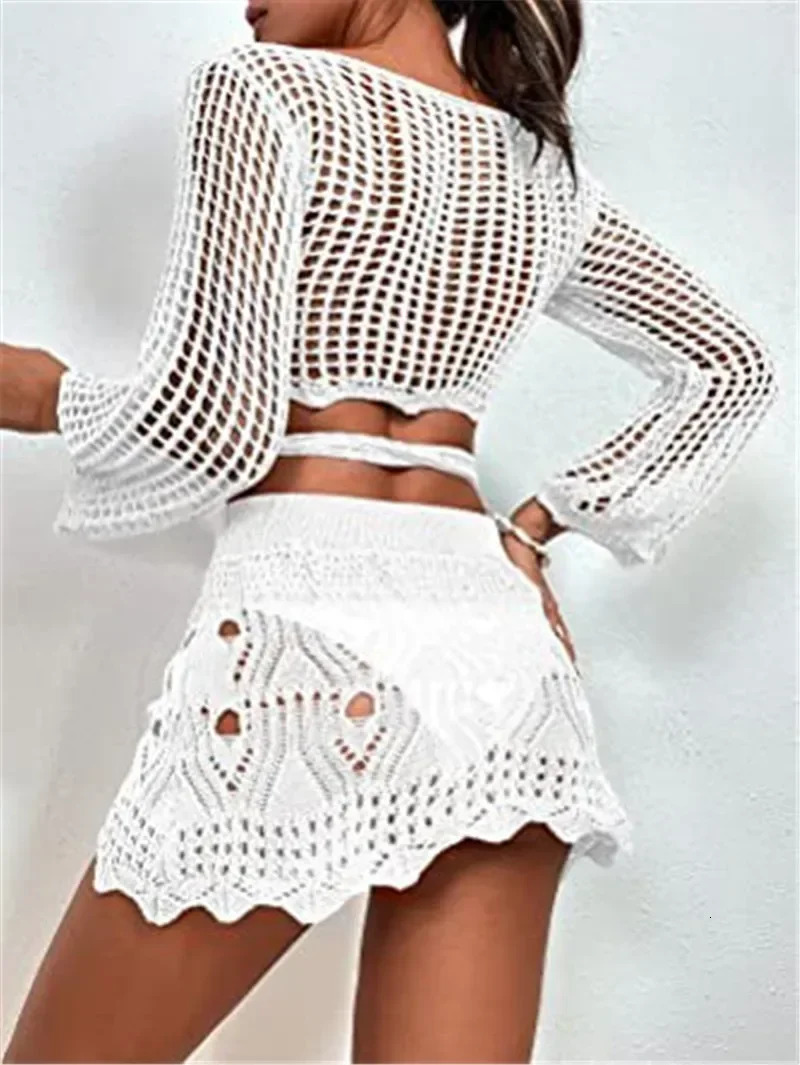 2024 Long Sleeve Cropped Tops Bikini Bottom Skirts Women Knitted Cover Up Mini Dress Beach Bathing Suit Women Swimsuit Beachwear 250305Z
