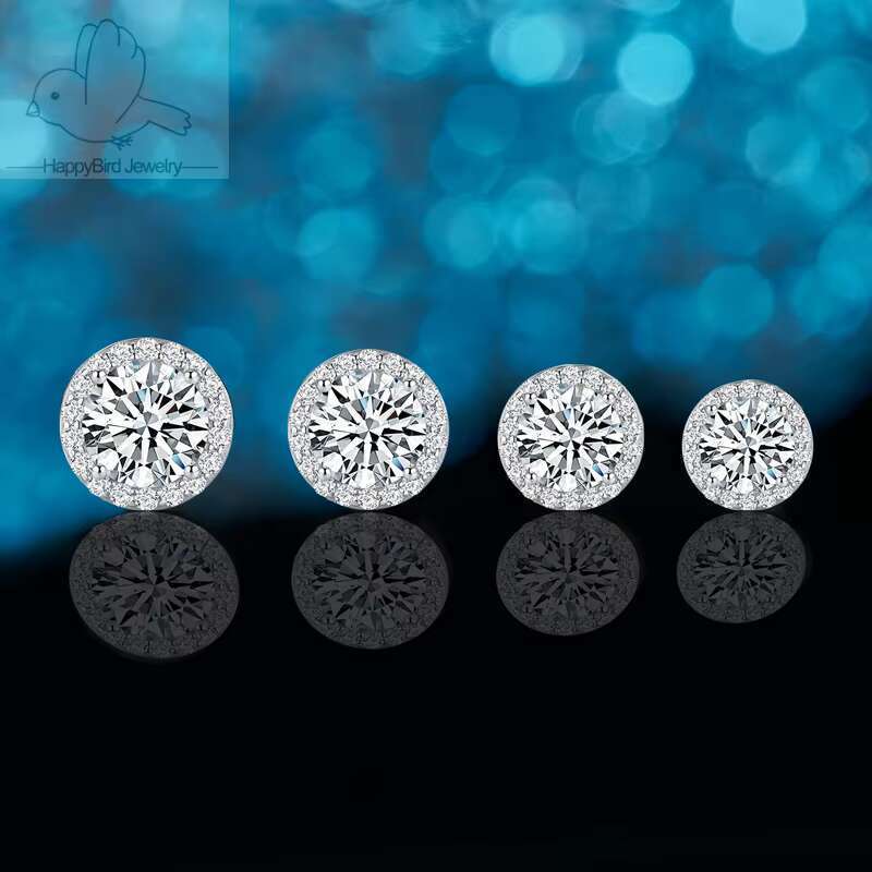 7MM Moissanite Stud Earrings with Sterg Sier Halo Rhodium Plated Classic Style Women's Jewelry