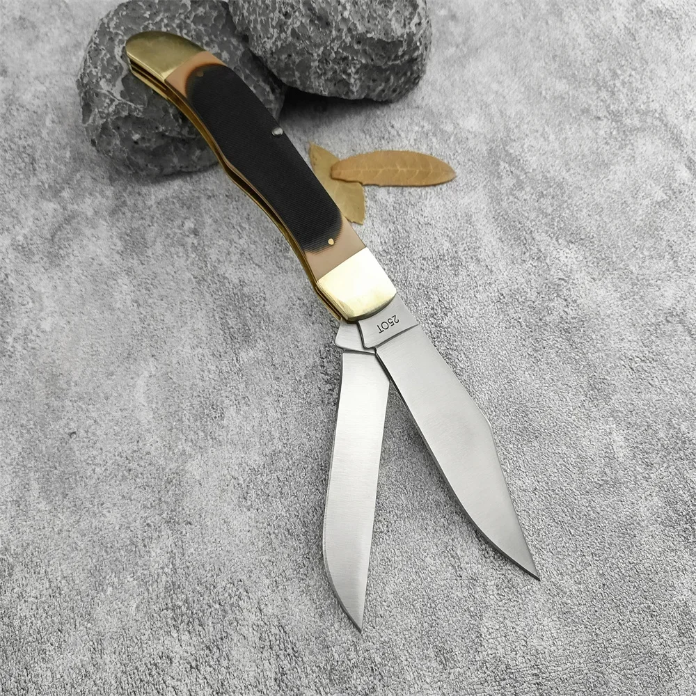 Schrade 25OT Pocket Folding Knife with Double 7Cr13Mov Blade Brass + Acrylic Handle Cowhide Sheath Outdoor Hunting Survival Camping Knives 3300 535 15