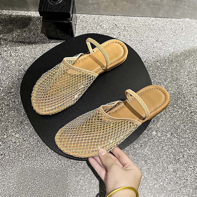 Round Headed Lower Half Slippers For Free Shipping Women Flat Designer Sandals Shoes 2025 Summer New Mesh Beach Shoes External Slippers Gladiator Sand