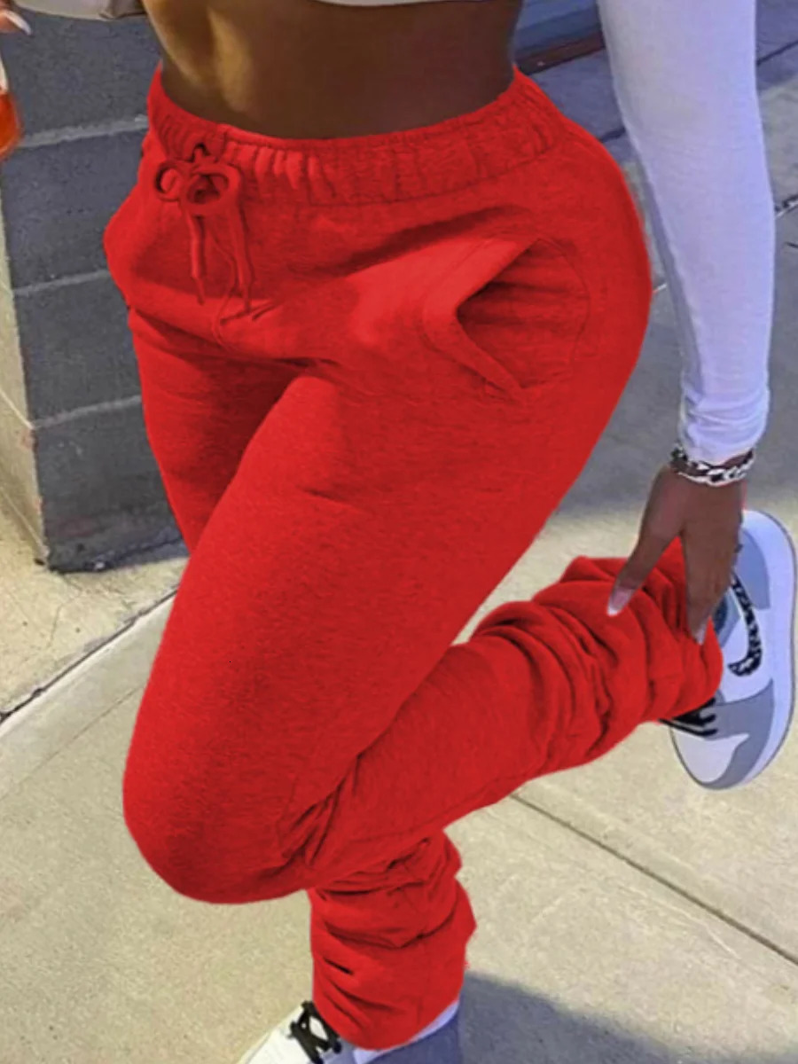 LW Plus Size Plain Pocket Sweatpants Mid Waist Drawstring Ruched Women Pants Stacked Trousers Sporty Casual Daily Bottoms250304