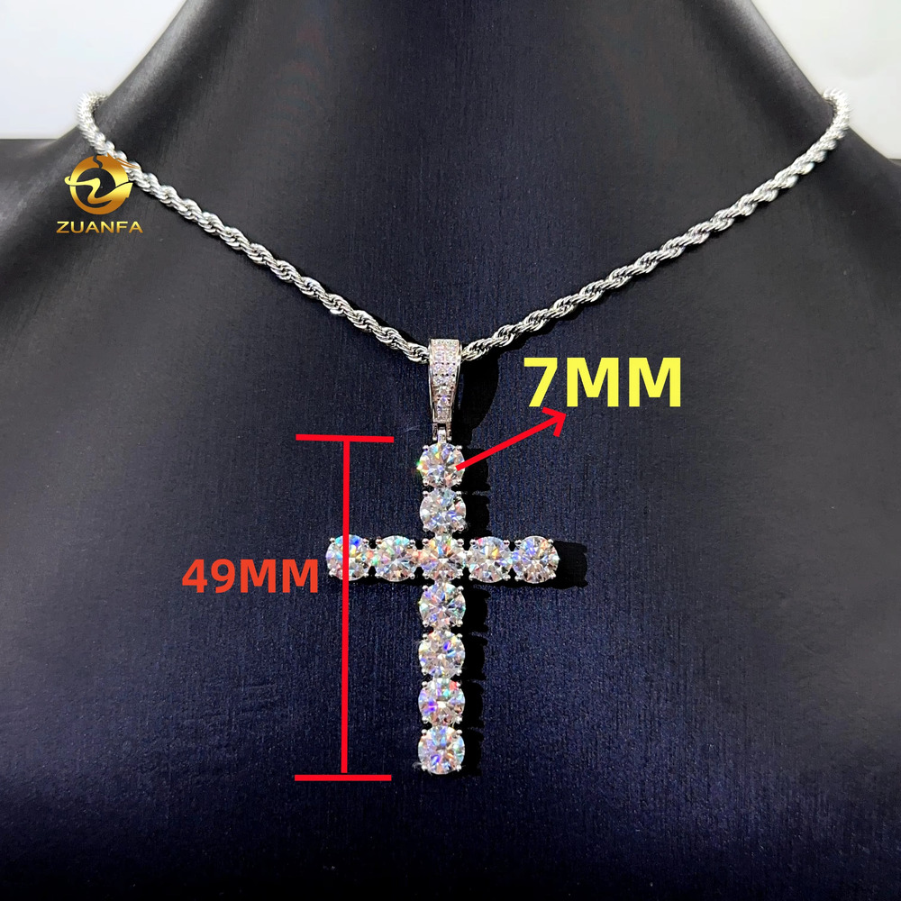 Zuanfa Custom Size Hip Hop Moissanite Cross Pendants 6mm 7mm 925 Sterling Silver Diamond Cross Pendants