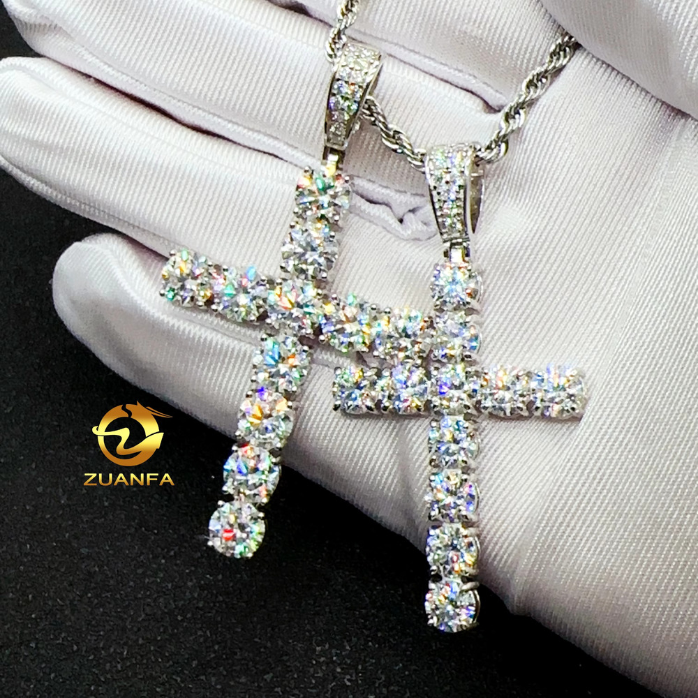 Zuanfa Custom Size Hip Hop Moissanite Cross Pendants 6mm 7mm 925 Sterling Silver Diamond Cross Pendants