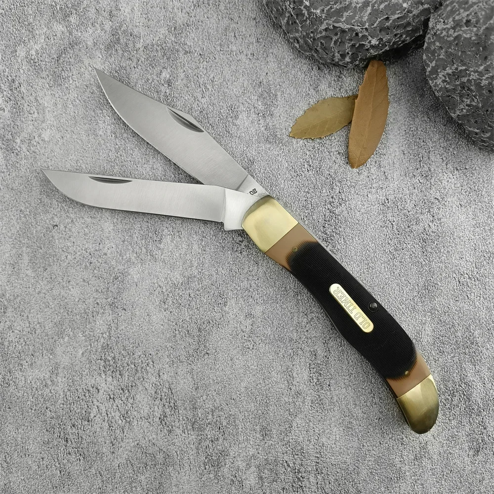 Schrade 25OT Pocket Folding Knife with Double 7Cr13Mov Blade Brass + Acrylic Handle Cowhide Sheath Outdoor Hunting Survival Camping Knives 3300 535 15