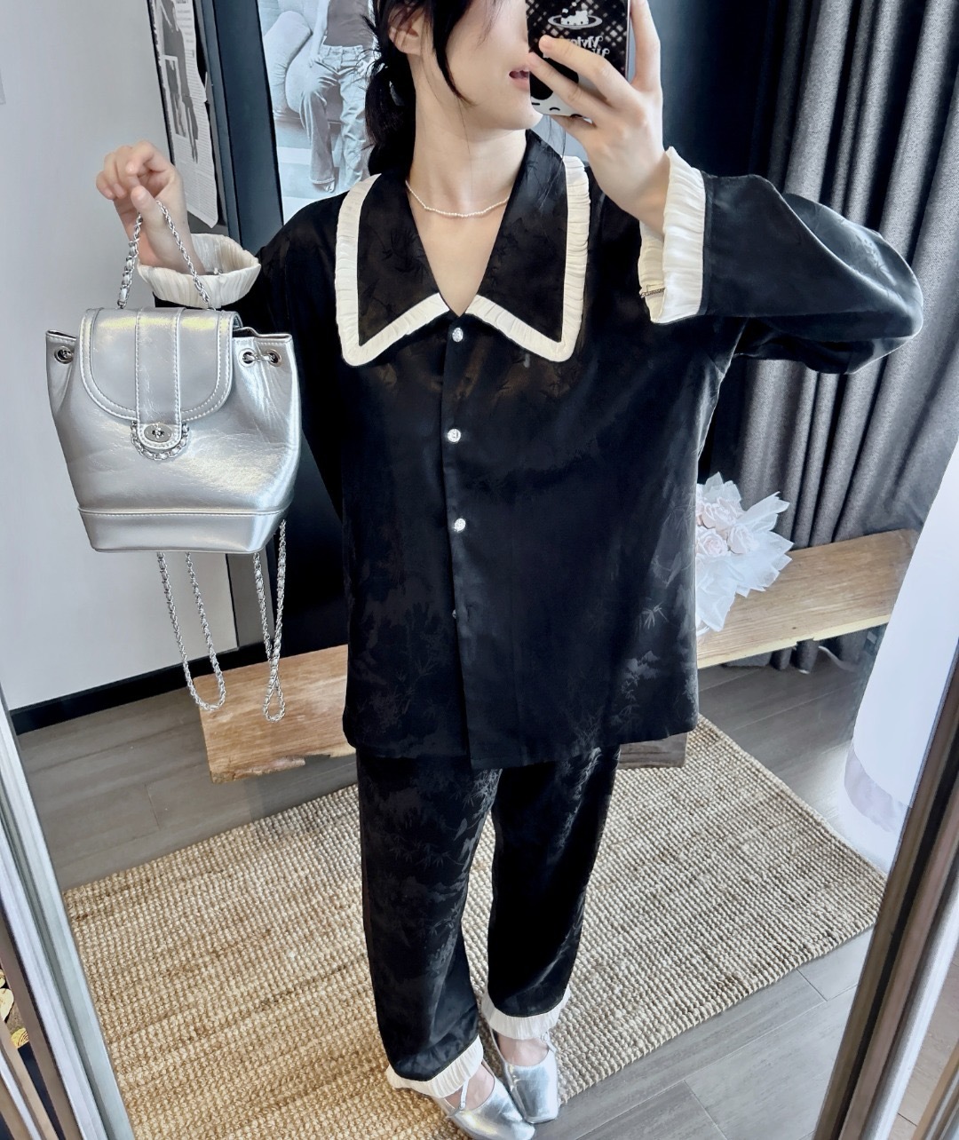 B768-Spring new arrival long-sleeved ice silk pajamas for women Korean style silk sweet large lapel home clothes thin suit