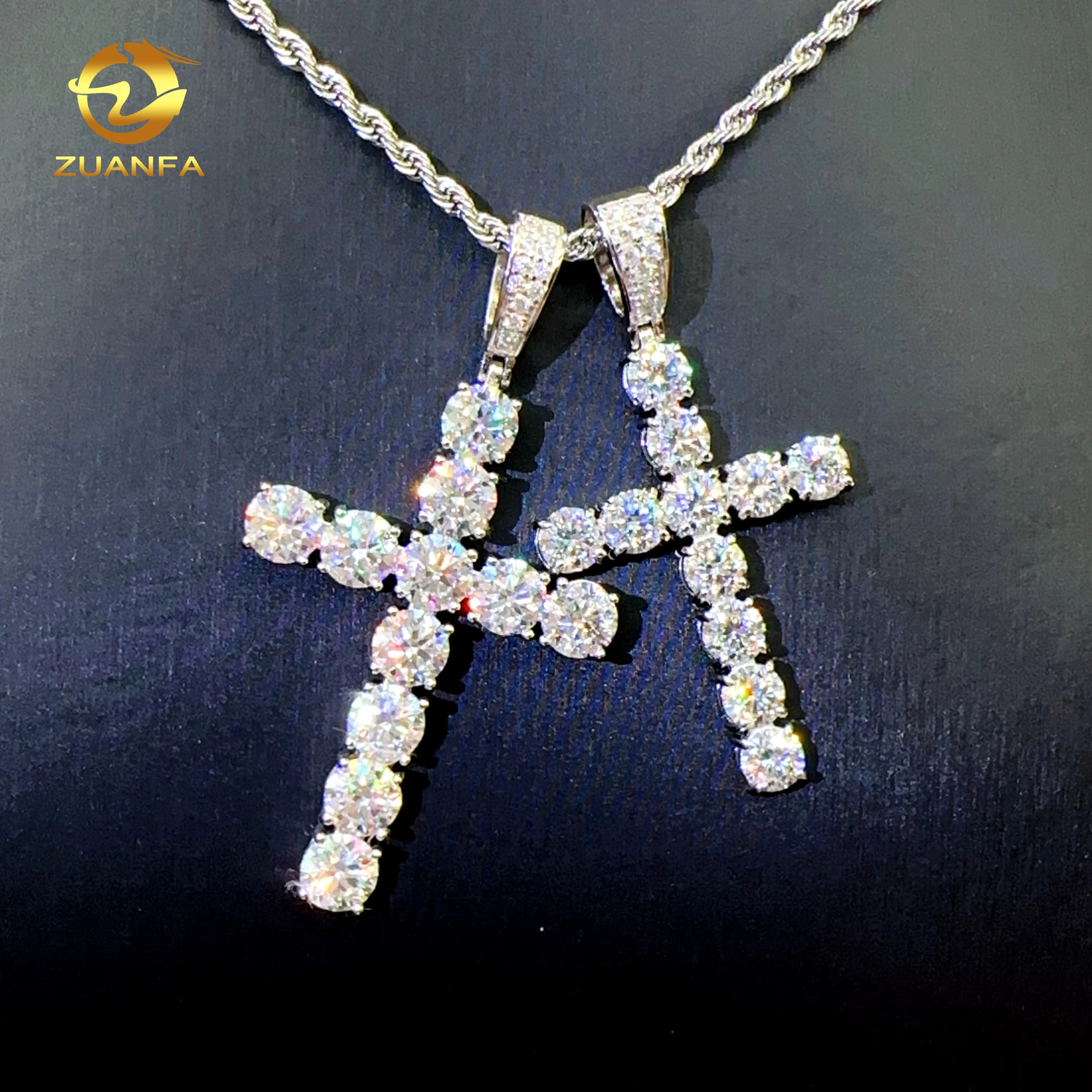 Zuanfa Custom Size Hip Hop Moissanite Cross Pendants 6mm 7mm 925 Sterling Silver Diamond Cross Pendants