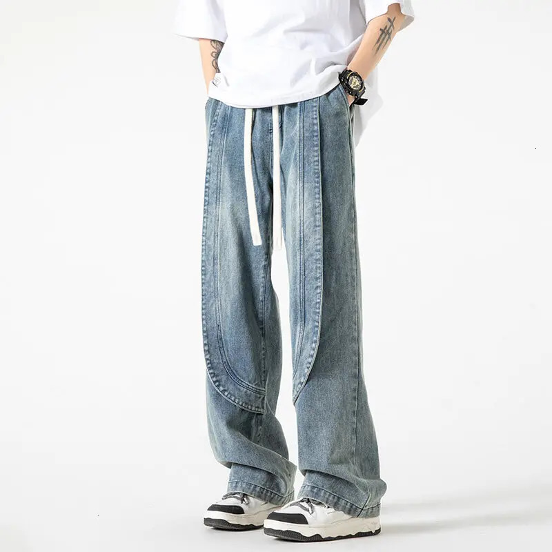 Hip Hop Trendy Mens Jeans Loose Fit Jeans American Street Fashion Straight Jeans Y2K Trousers 250306