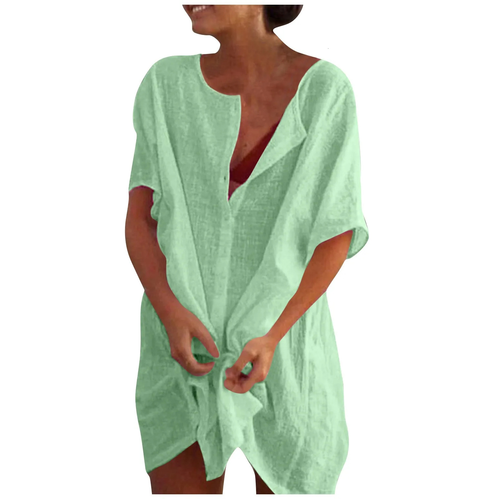 Cotton Linen Breathable And Comfortable Mid Length Oversized Button Down Half Sleeve Oneck Cardigan Casual Beach Sunscreen Top 250305Z