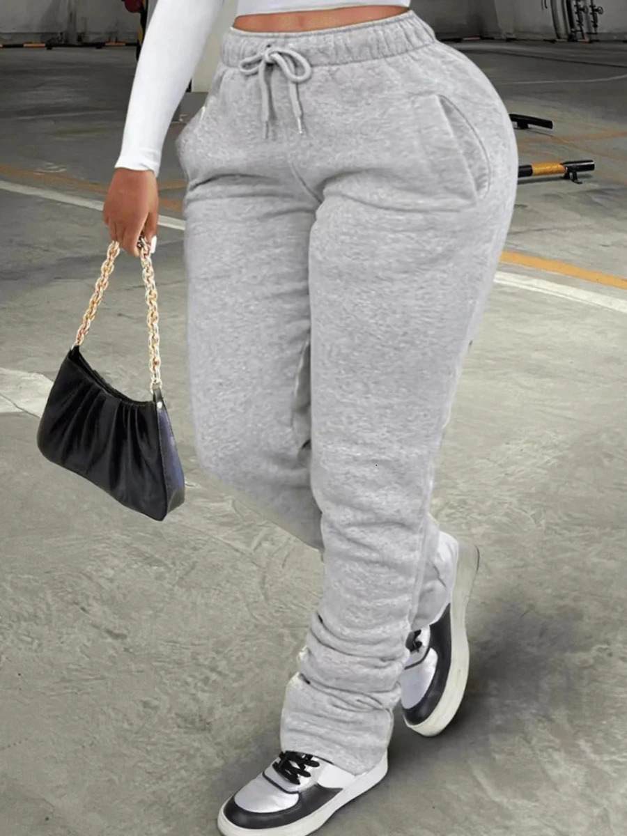 LW Plus Size Plain Pocket Sweatpants Mid Waist Drawstring Ruched Women Pants Stacked Trousers Sporty Casual Daily Bottoms250304