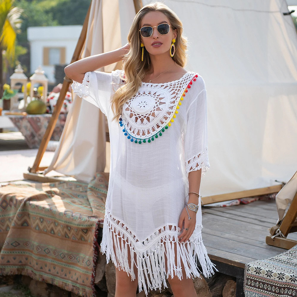 CROCHET BIKINI Bikini Cover Up With Fringe Trim Women Sexy Hollow Tunic Beach Dress Summer Bathing Suit Beachwear 250305Z