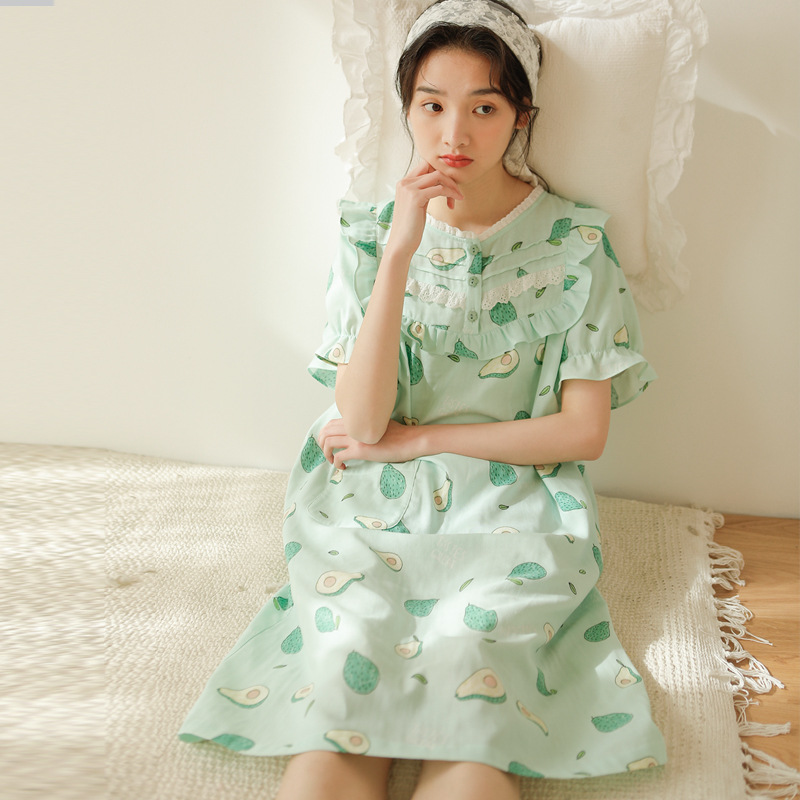 B760-Spring and summer women's cotton one-piece nightgown short-sleeved ruffled double-layer cotton yarn girls' home clothes breathable paja