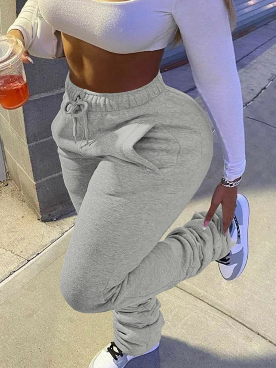 LW Plus Size Plain Pocket Sweatpants Mid Waist Drawstring Ruched Women Pants Stacked Trousers Sporty Casual Daily Bottoms250304