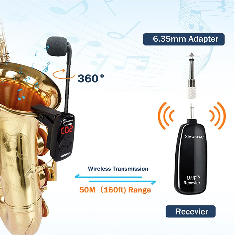 XIAOKOA UHF Wireless Instruments Saxophone Microphone Wireless Receiver Transmitter160ft RangePlug and PlayGreat for Trumpets 250303
